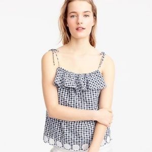 J. Crew Blue Gingham Tie Shoulder Ruffle Tank Top